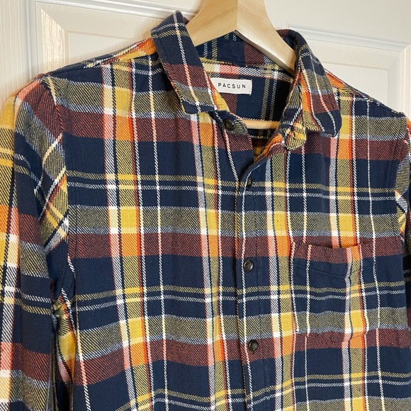 PacSun blue/yellow/red cotton flannel sz M - Picture 2 of 7